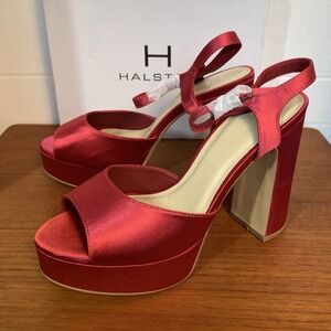 Halston Hot Pink Satin Platform Heels Sandals US 7.5 Ankle Strap Block Heel NEW